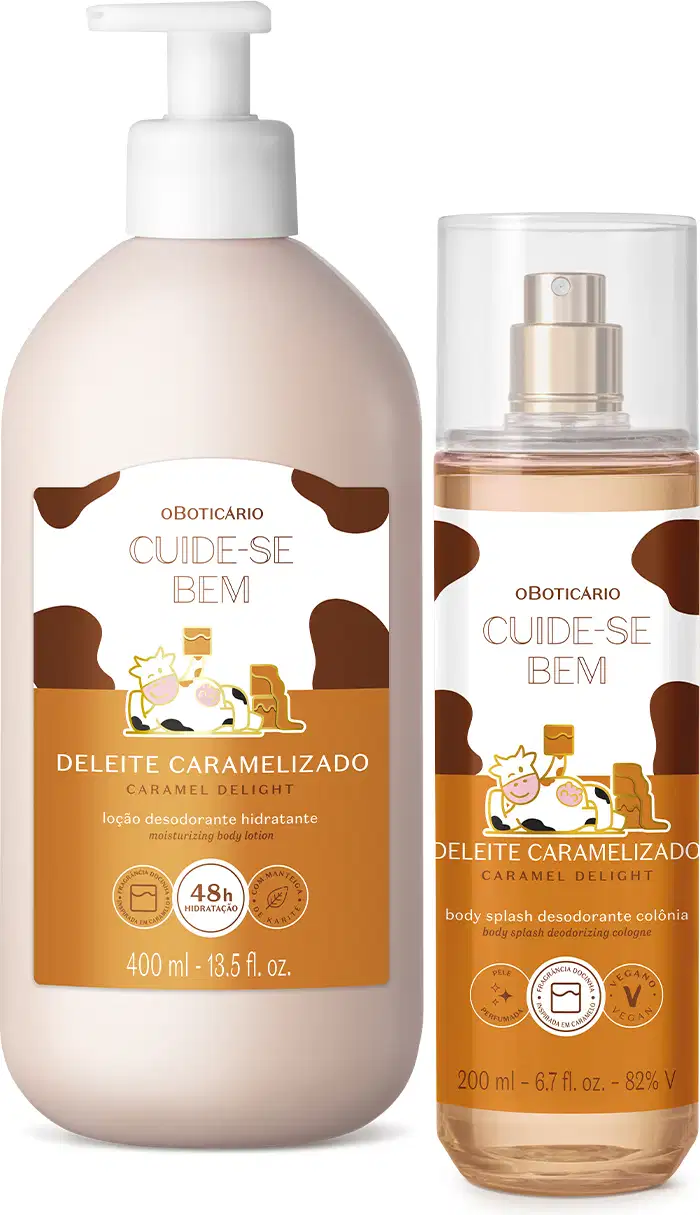 Imagem mostra dois produtos da linha Cuide-se Bem Deleite Caramelizado: frasco de loção hidratante de 400ml e body splash em spray de 200ml. Ambas embalagens são brancas com tons de marrom, ilustração de vaca e detalhes em preto.