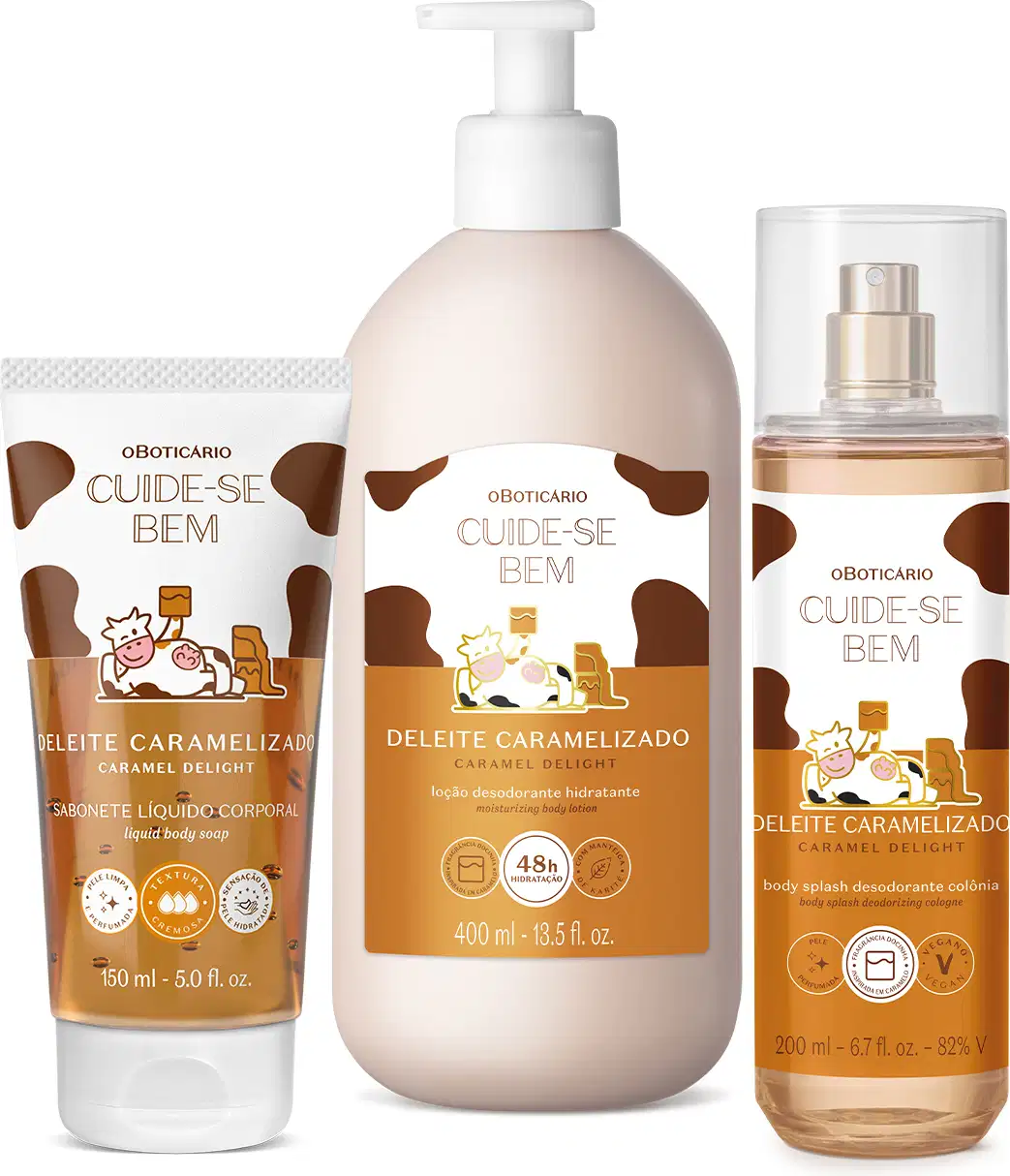 A imagem mostra três produtos da linha Cuide-se Bem Caramelizado: bisnaga de sabonete líquido, frasco de loção hidratante e body splash em spray. Todas as embalagens são brancas com tons de marrom, ilustração de vaca e detalhes em preto.