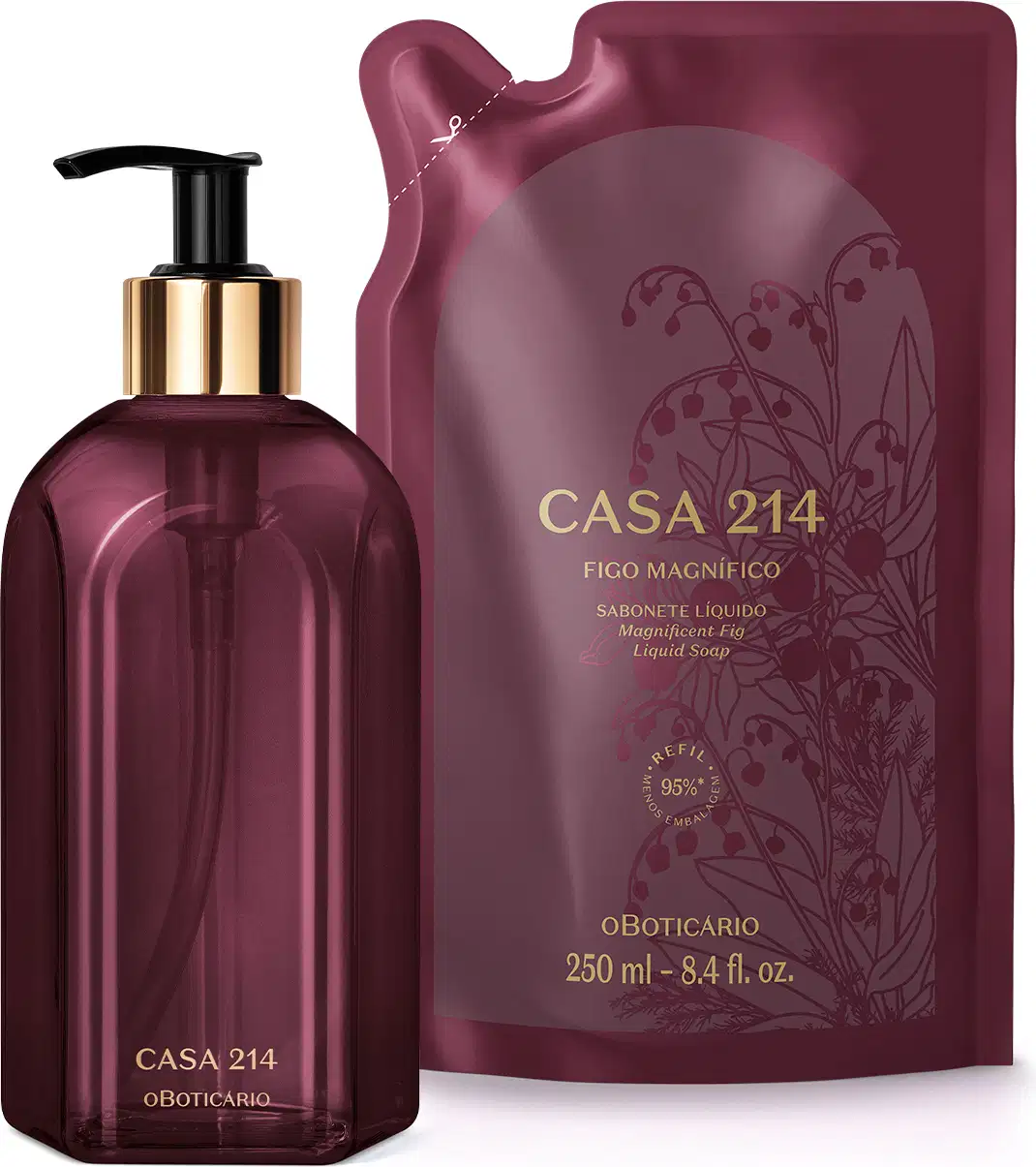 Um frasco de sabonete líquido com bomba doseadora e uma embalagem de refil. O rótulo indica a marca "CASA 214" e o nome do produto "FIGO MAGNIFICO".