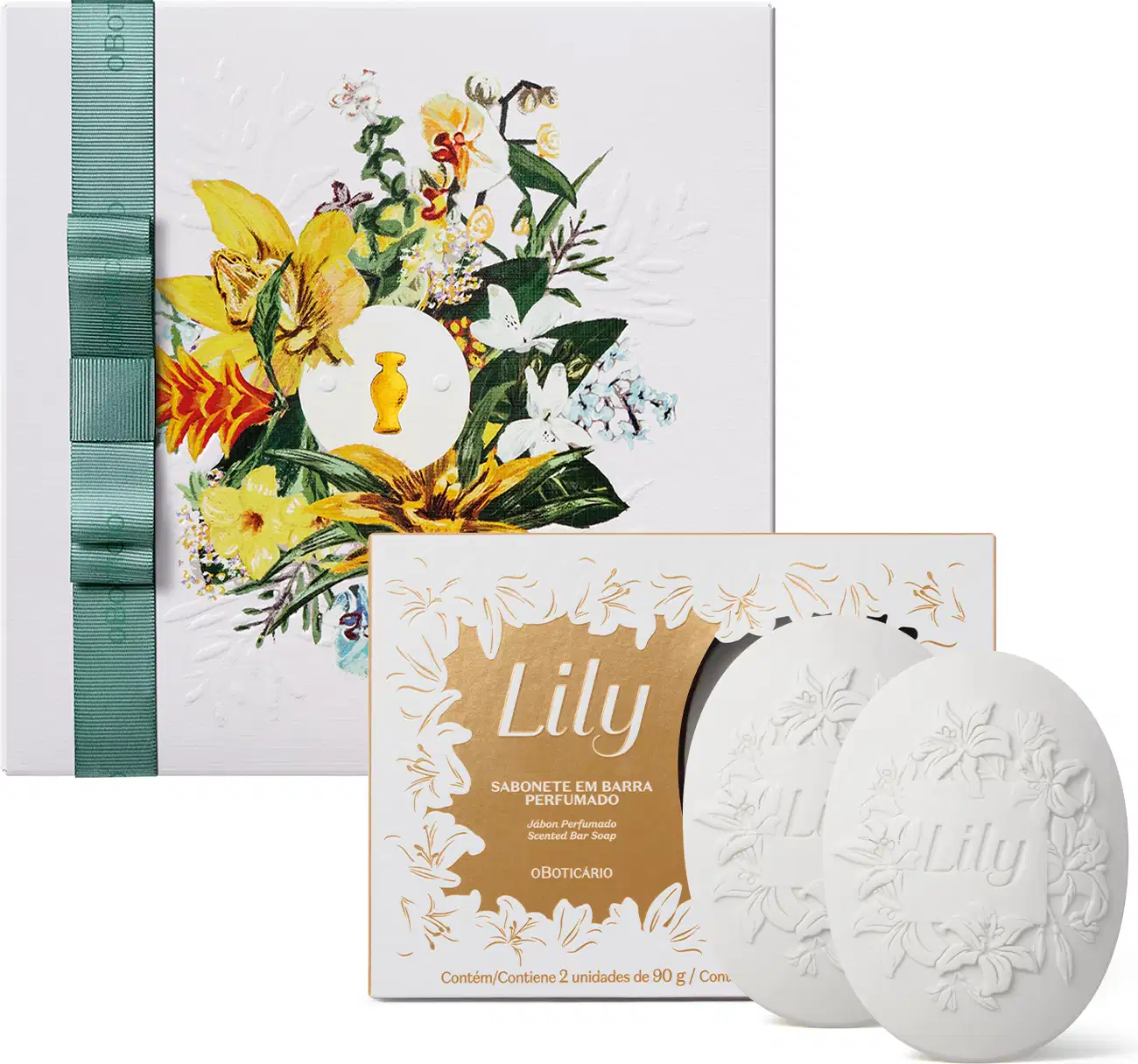 Caixa branca com ilustração floral colorida, contendo dois sabonetes em barra perfumados com fragrância de lírio, embalados em caixa com detalhes dourados e florais.