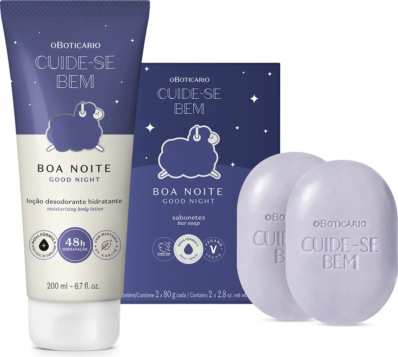 A imagem mostra dois produtos da linha Cuide-se Bem Boa Noite:  dois sabonetes na cor azul claro e sua embalagem em tons de azul mais forte com informações em branco, e uma bisnaga de loção hidratante em azul e branco, com letras pretas e azuis. 