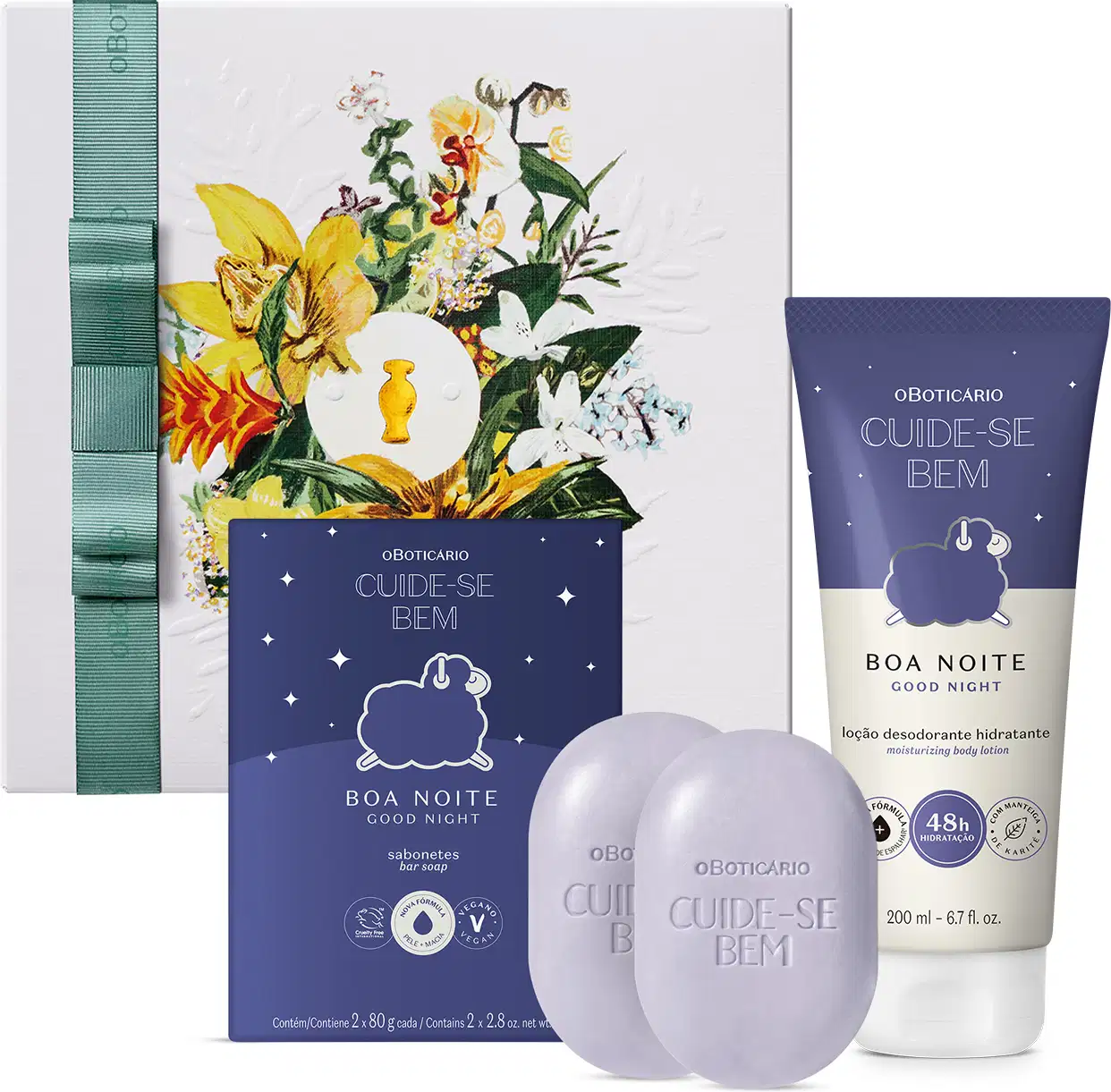 Caixa om estampa floral, dois sabonetes na cor azul e sua embalagem em tons de azul mais forte e informações em branco, e uma bisnaga de loção hidratante em azul e branco, com letras pretas e azuis. Os produtos são da linha Cuide-se Bem Boa Noite.
