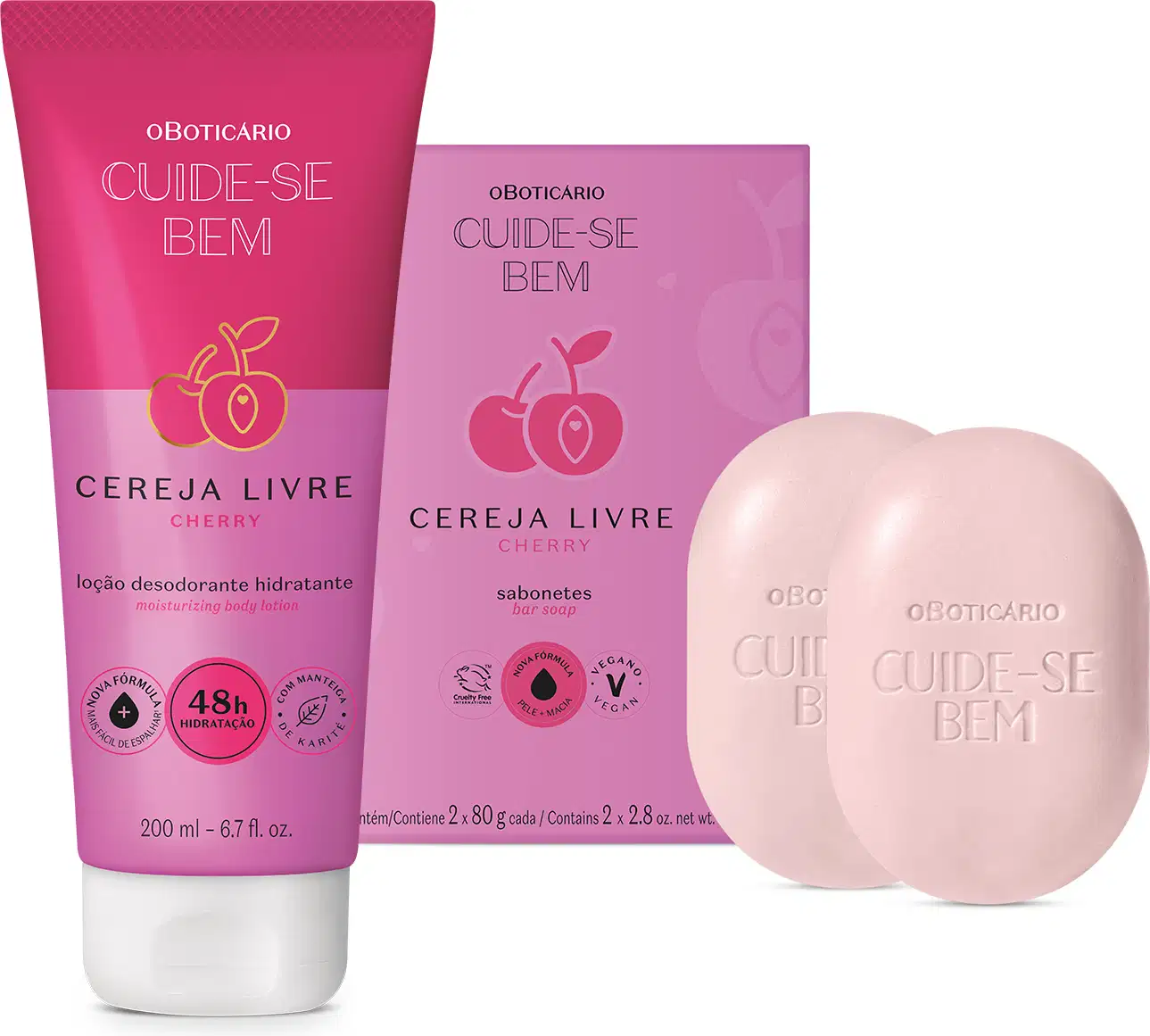 Conjunto de produtos de corpo e banho da marca Cuide-se Bem Cereja Livre, incluindo bisnaga de loção corporal bicolor de rosa claro e rosa escuro com tampa branca, dois sabonetes em barra rosa claro e sua caixa rosa ao lado deles.