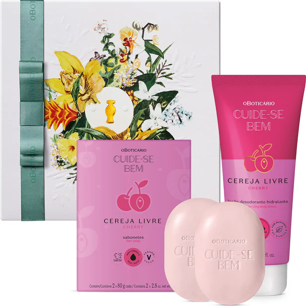 Sabonetes, creme hidratante e desodorante, em embalagens com cores rosa e verde, com rótulos e ilustrações de flores.
