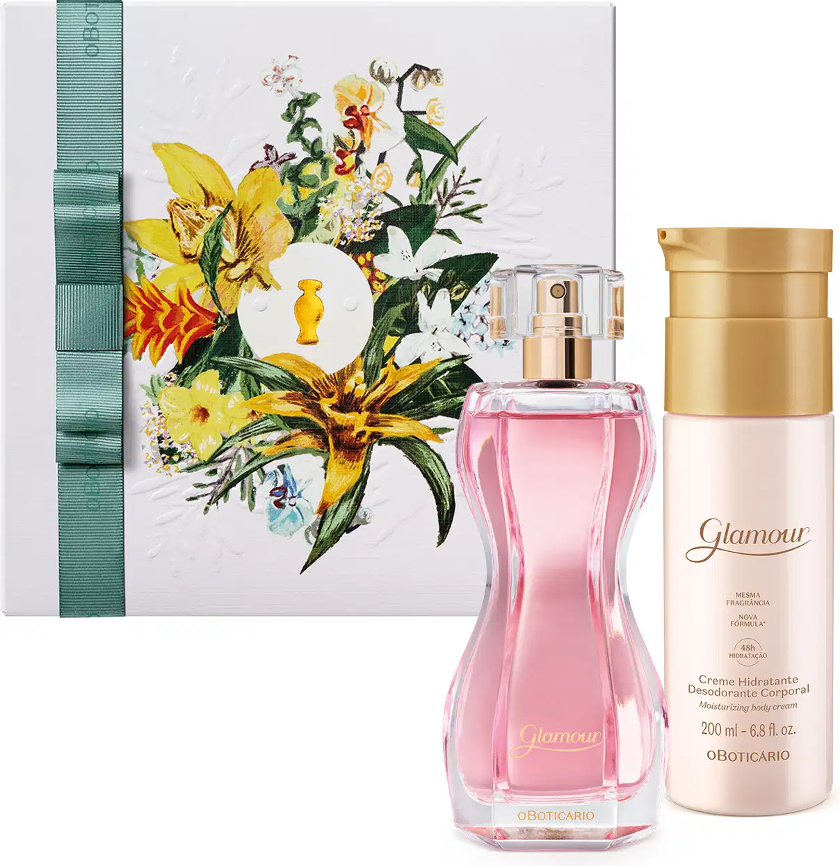 Caixa branca com flores coloridas, frasco de perfume rosa com rótulo "Glamour", e frasco de creme hidratante dourado com rótulo "Glamour" e "Creme Hidratante Desodorante Corporal".