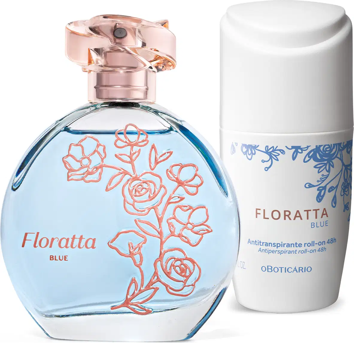 A imagem apresente um vidro de desodorante colônia Floratta Blue com flores estilizadas em relevo dourado, borrifador dourado e tampa transparente,, acompanhado de desodorante roll-on da mesma marca em embalagem branca e letras azuis e título dourado.