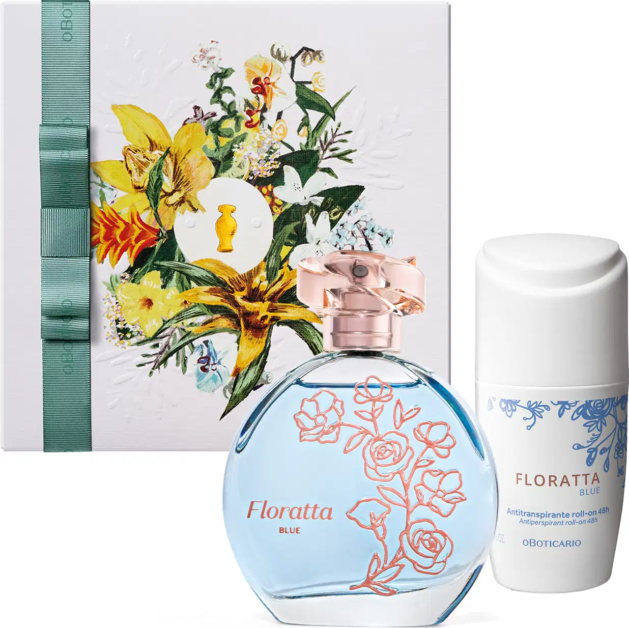 KIt contendo caixa de preente com ilustração floral, um vidro de desodorante colônia Floratta Blue com flores douradas, borrifador dourado e tampa transparente, e um  desodorante roll-on da mesma marca em frasco branco e letras azuis e título dourado.