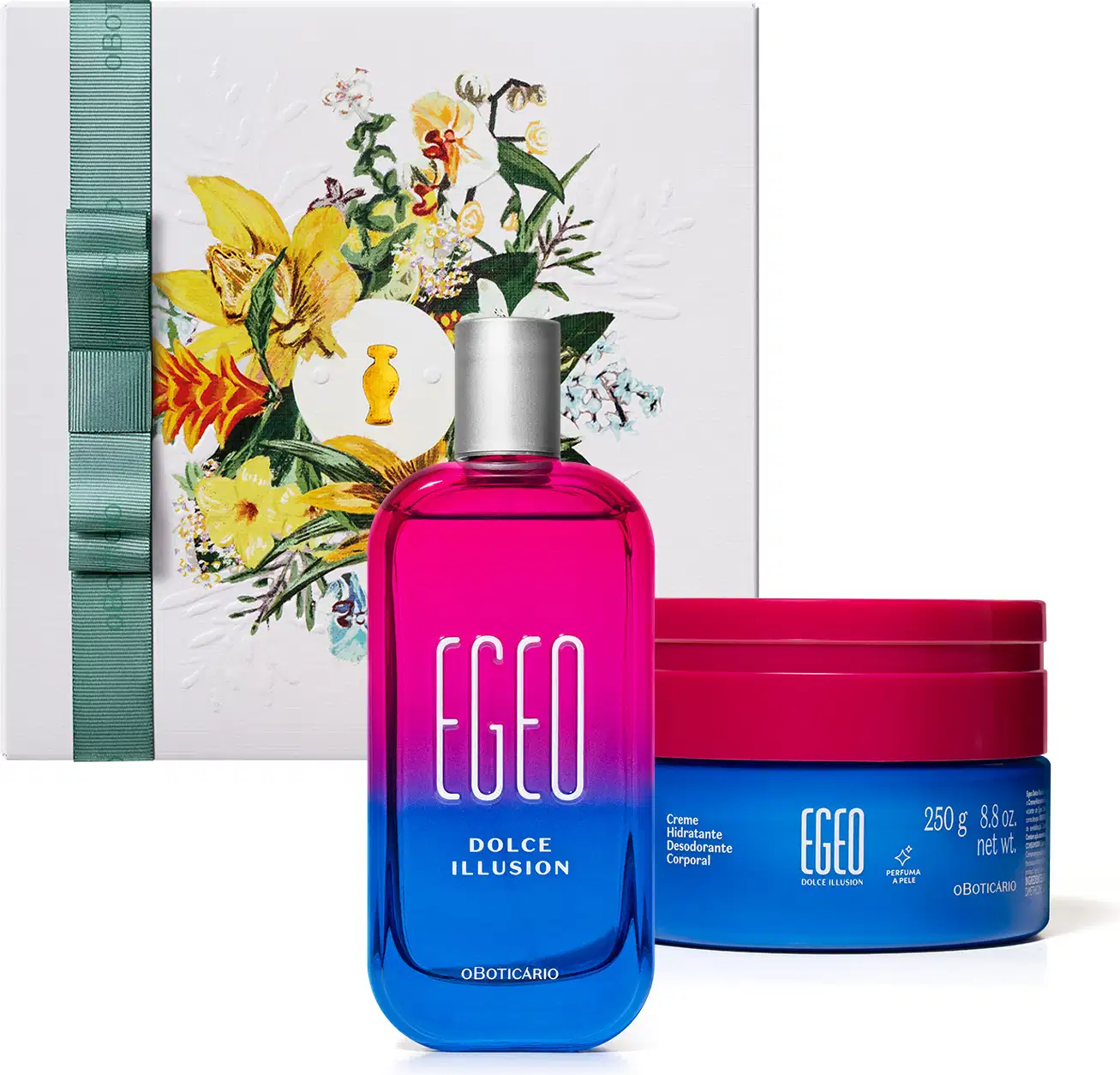 Kit com vidro de desodorante colônia Egeo Dolce Illusion em tons de azul e rosa, tampa prateada, e rótulo em branco, , pote azul de creme corporal da mesma linha, com tampa rosa e letras brancas e caixa de presente branca com ilustrações florais.