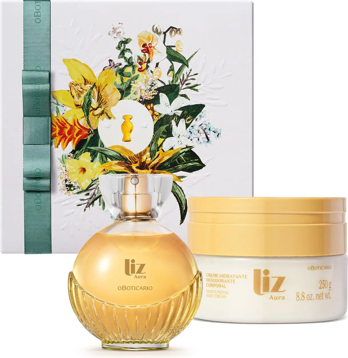 Kit contendo vidro de desodorante colônia Liz Aura com formato arredondado, borrifador dourado e tampa transparente, pote de creme corporal da mesma marca em embalagem transparente com tampa amarela e caixa de presente branca com ilustração floral.