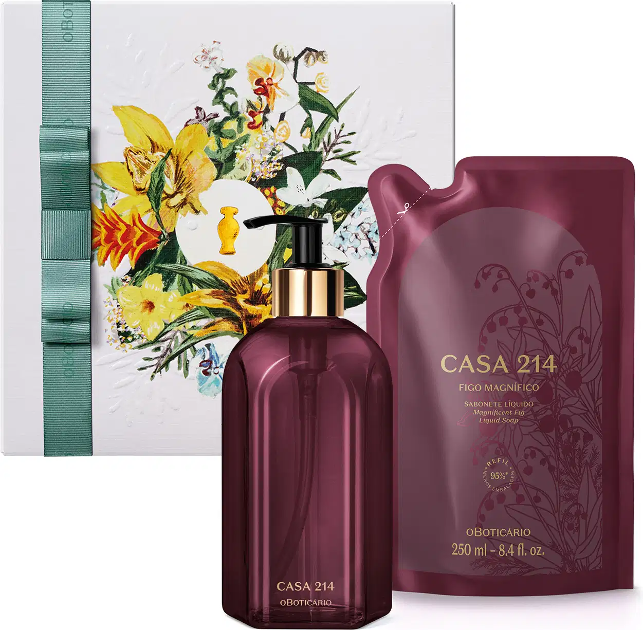 Kit contendo um sabonete líquido da marca Casa 214 Figo Magnífico, com frasco de vidro de cor vinho, pump dourado e preto e rótulo dourado, acompanhado de refil em embalagem plástica nas mesmas cores, além de uma caixa com ilustração floral.