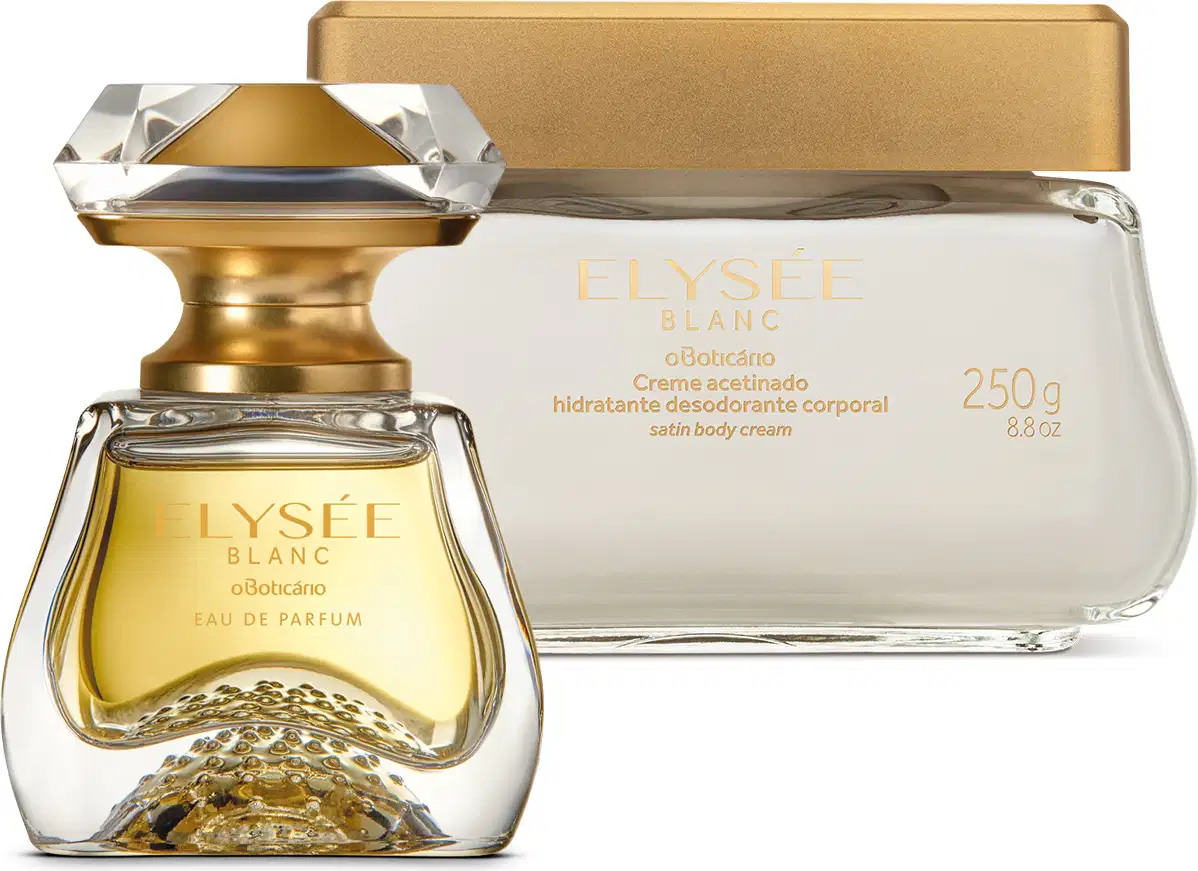 A imagem apresenta um elegante frasco da fragrância Elysée Blanc com borrifador dourado e tampa de cristal em formato de diamante, acompanhado de um pote de creme corporal de 250g da mesma linha, em embalagem de vidro transparente e tampa dourada.