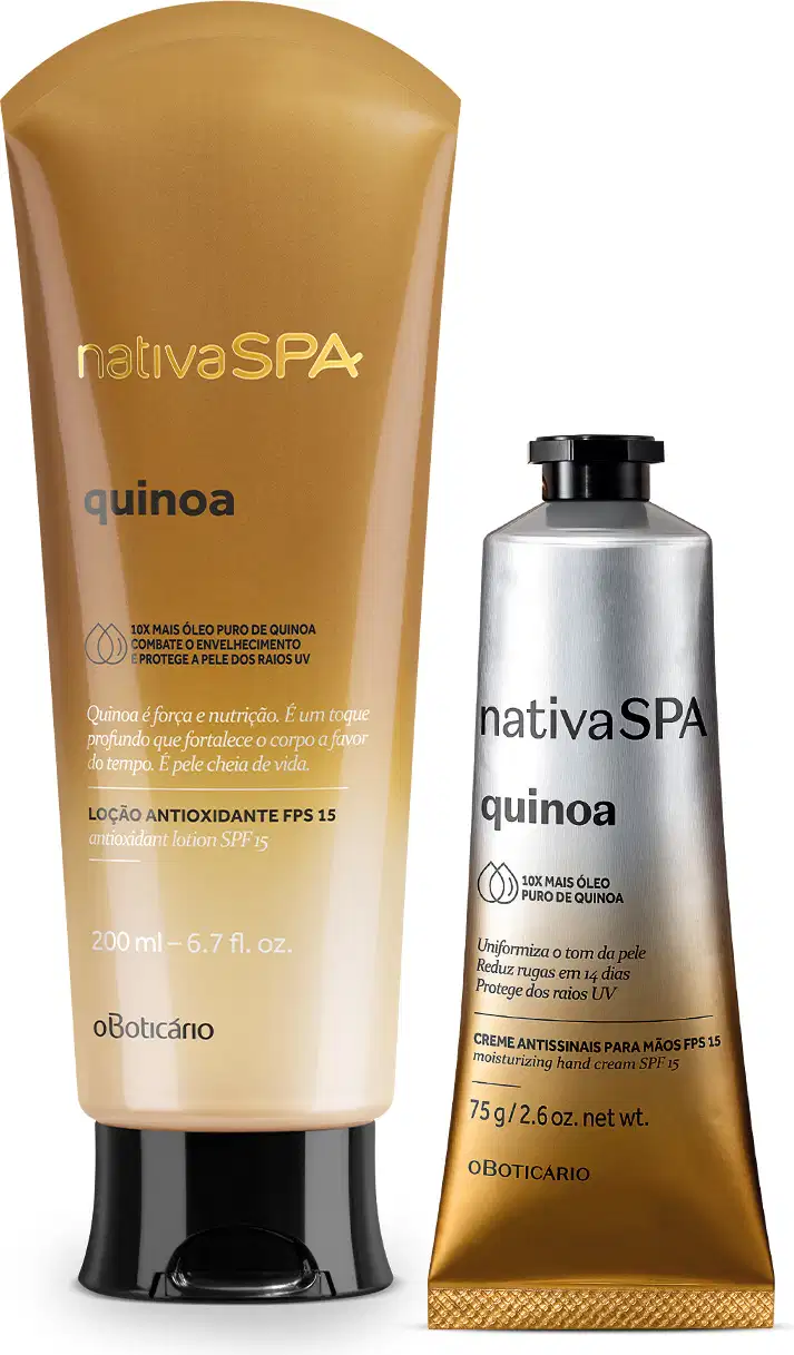 Apresenta dois produtos da marca Nativa SPA Quinoa: um frasco de loção antioxidante de 200ml e uma bisnaga de creme para as mãos de 75g. O frasco é marrom e branco e a bisnaga prata e marrom. Ambos possuem tampas pretas e informações em letras pretas.
