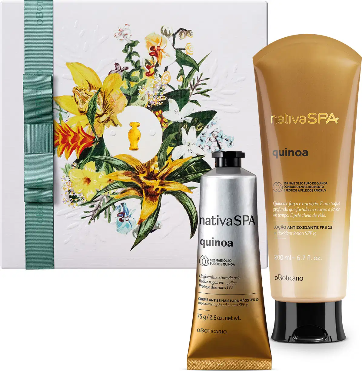 A imagem mostra uma caixa de presente com ilustração floral, bisnaga de creme para as mãos e frasco de loção antioxidante, ambos da marca Nativa SPA Quinoa. As embalagens possuem degradê do marrom para o prata, tampa preta e informações em letras pretas.