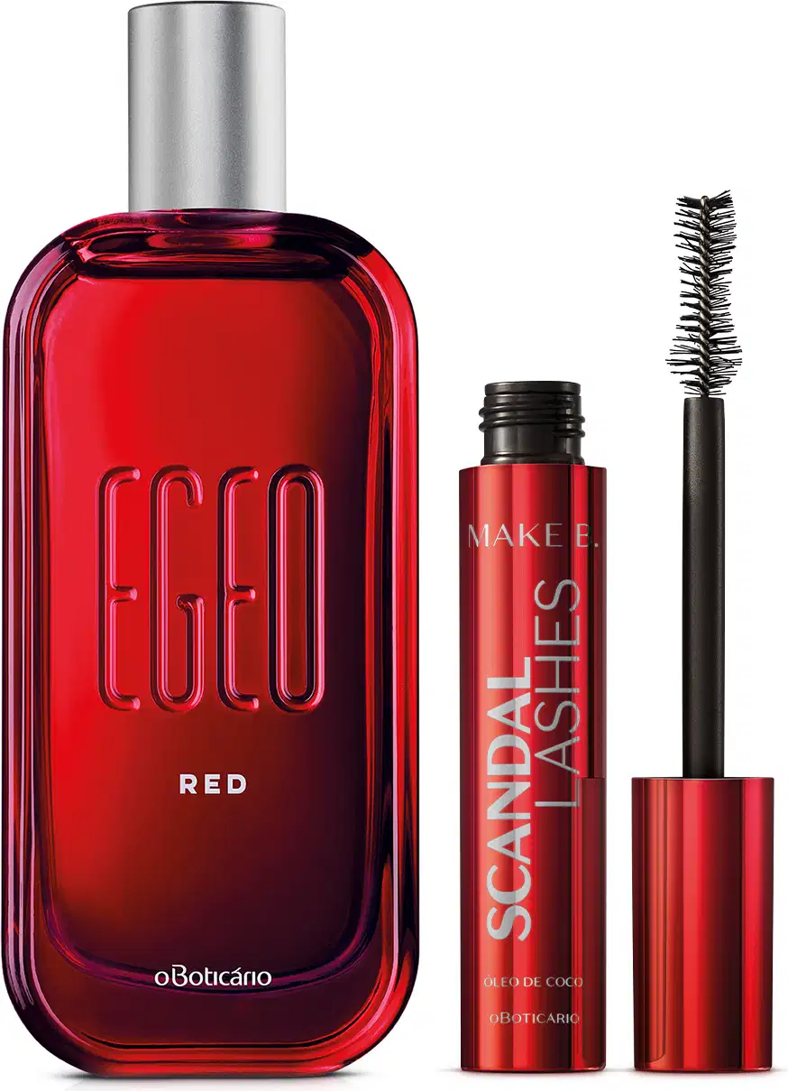 Combo contendo um frasco de desodorante colônia arredondado na cor vermelha com logo EGEO em alto relevo e RED impresso em branco com tampa prateada. Ao lado, tubo vermelho de máscara de cílios da linha Make B. Scandal Lashes.