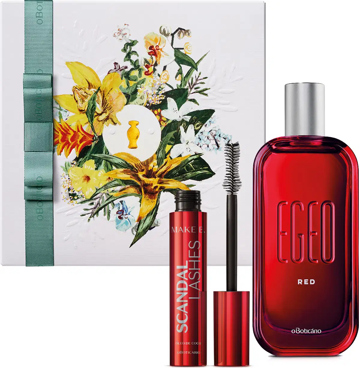 Combo presenteável contendo um frasco de desodorante colônia arredondado na cor vermelha com logo EGEO em alto relevo e RED impresso em branco. Ao lado, tubo vermelho de máscara de cílios da linha Make B. Scandal Lashes acompanhados de caixa de presente.