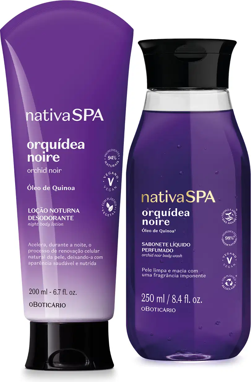 Dois itens de corpo e banho da linha Nativa Spa Orquídea Noire posicionados lado a lado, sendo um frasco e uma bisnaga, ambos na cor roxa com tampa abre e fecha preta.