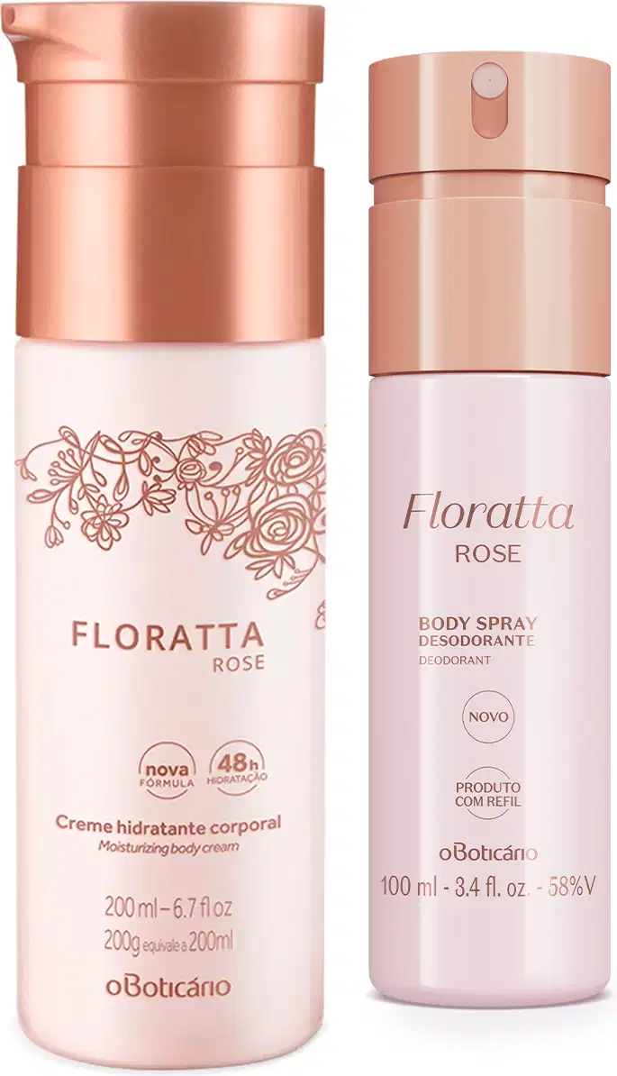 A imagem apresente dois itens da marca Floratta Rose: um frasco de creme corporal 200ml e um frasco de body splash 100ml. As embalagens são de plástico branco, tampas douradas e informações em letras na cor amarela.