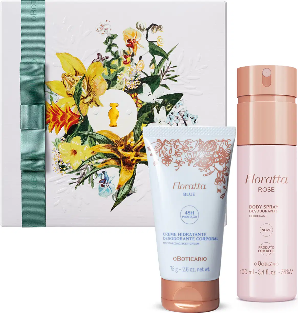 Kit com caixa de ilustração floral e dois itens da marca Floratta: body splash Floratta Rose, embalagem branca com tampa e rótulo dourados e um creme corporal Floratta Blue, com embalagem branca, flores douradas e letras em tons de dourado e azul.