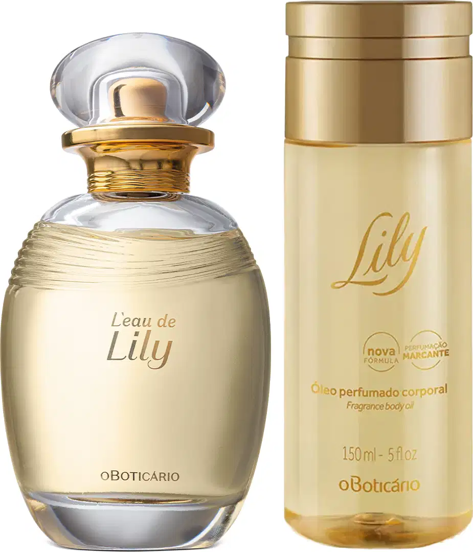 A imagem mostra o desodorante colônia da marca Lily em vidro oval, borrifador e rótulo dourados e tampa transparente e um frasco de óleo corporal da mesma marca com embalagem transparente, tampa e informações douradas.