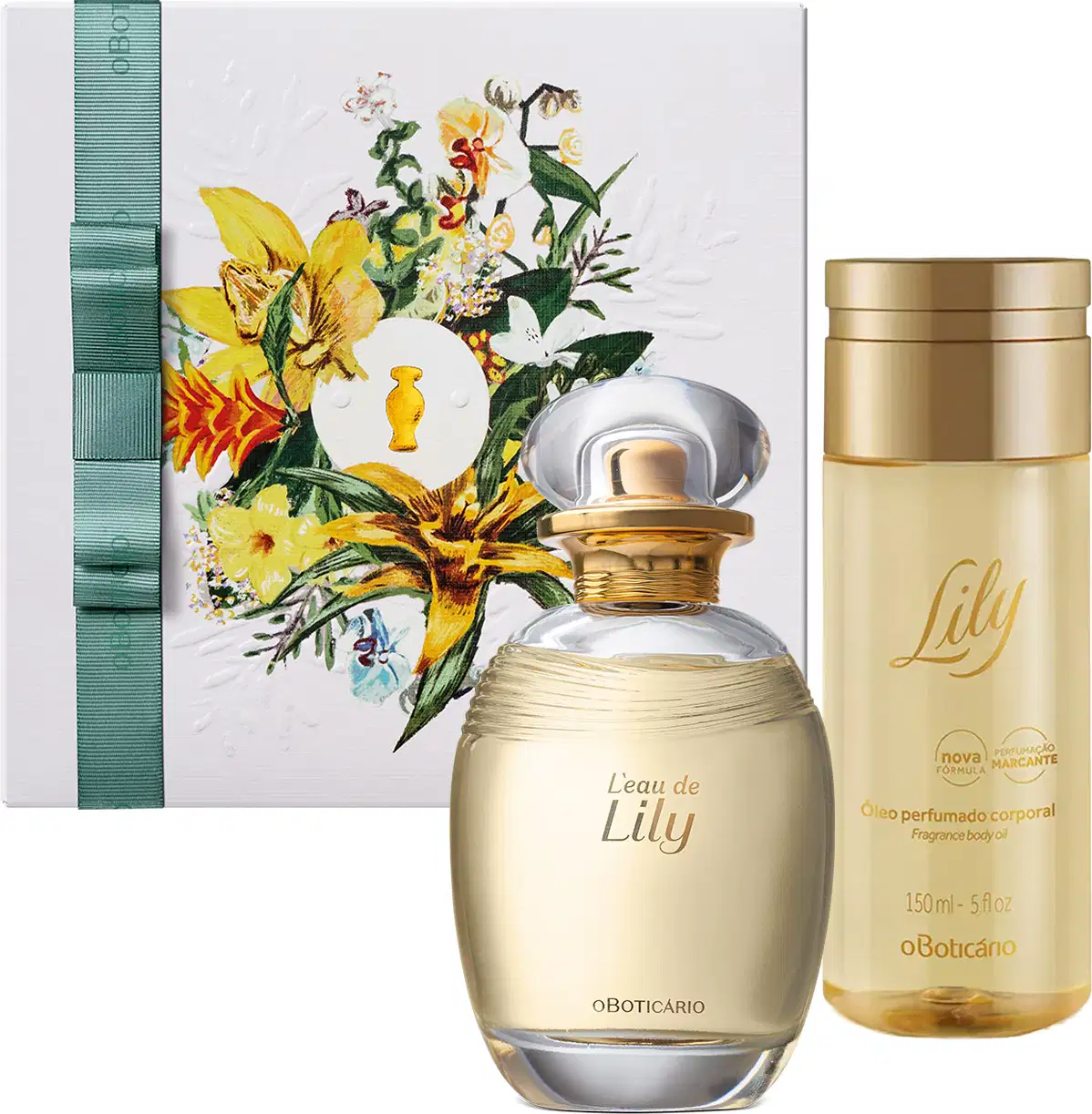 Kit contendo caixa com ilustração floral, desodorante colônia da marca Lily em vidro oval, borrifador e rótulo dourados e tampa transparente e um frasco de óleo corporal da mesma marca com embalagem transparente, tampa e informações douradas.