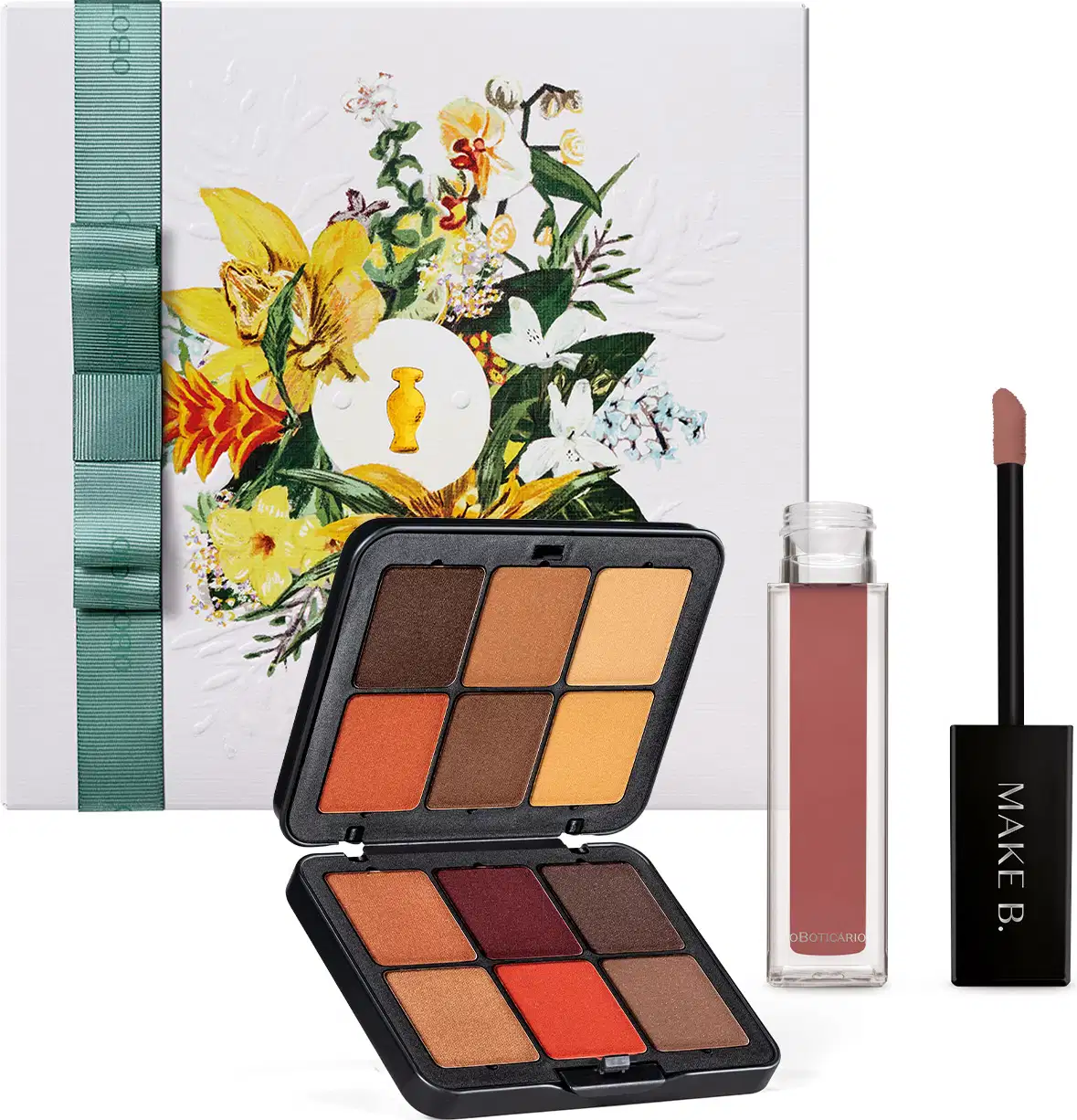 Kit contendo caixa com ilustração de flores, paleta multifuncional com nove tons terrosos e quentes em embalagem preta, com espelho, acompanhada de batom líquido em tom rosado com frasco transparente e tampa preta, todos da marca Make B.