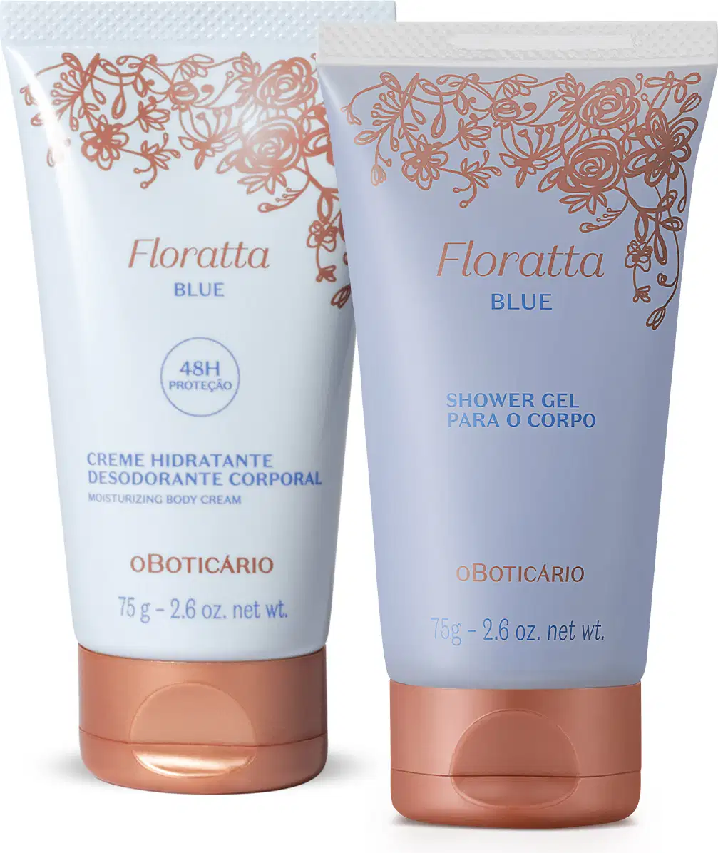 Duas bisnagas de itens de corpo e banho da linha Floratta Blue, sendo um hidratante desodorante corporal e gel de banho, ambos em tons de azul com detalhes florais e tampa dourada.