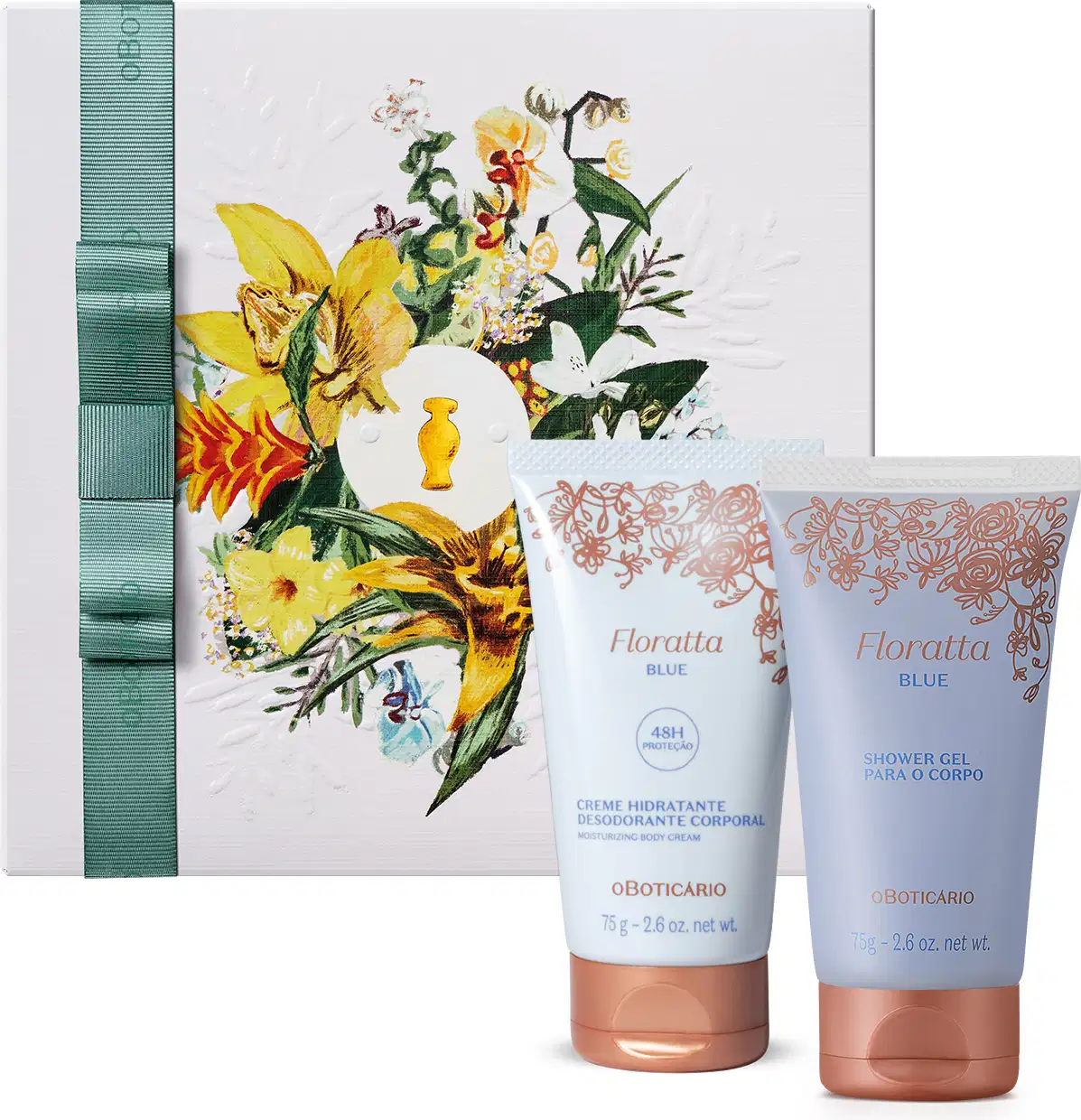 Caixa quadrada branca decorada com flores coloridas em tons de amarelo e verde e um laço verde na lateral. Em frente a ela, duas bisnagas da linha Floratta Blue, sendo um creme corporal e um gel de banho, ambos azuis com detalhes florais e tampa dourada.