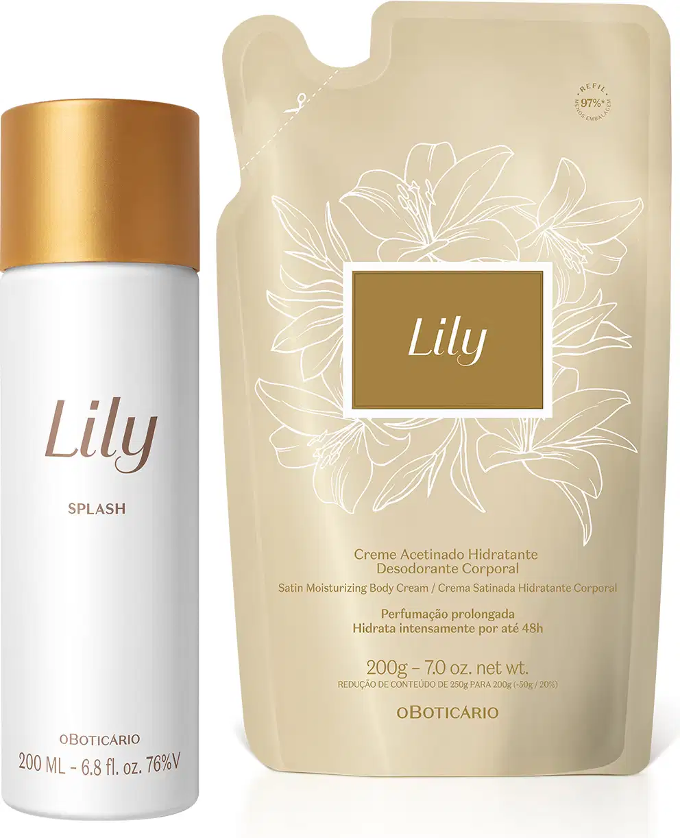 Frasco cilíndrico branco com tampa dourada de item de perfumaria da marca Lily e embalagem refil de creme corporal da mesma marca, em tons de bege e dourado, com ilustração floral.