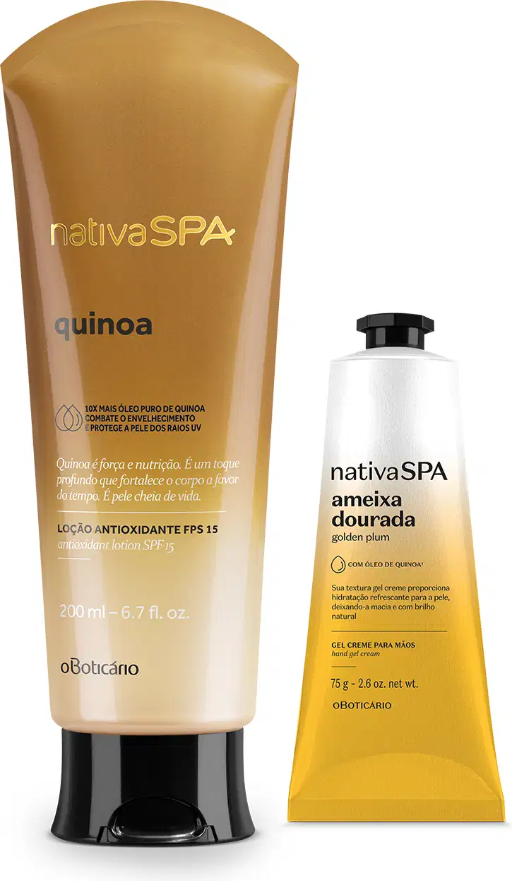 Bisnaga de loção corporal em tamanho 200ml e bisnaga de creme para mãos em tamanho 75g, ambas da marca Nativa SPA Quinoa em cores degradê de amarelo para o branco e tampa preta.