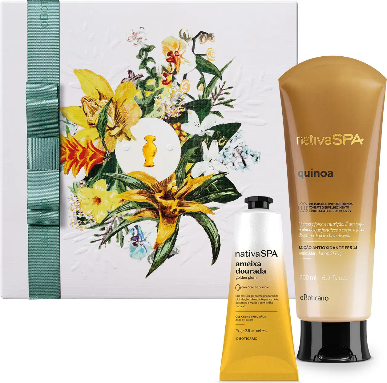 Caixa quadrada branca decorada com flores coloridas em tons de amarelo e verde e um laço verde na lateral. Em frente a ela, frasco de loção corporal e bisnaga de creme para mãos da marca Nativa SPA Quinoa em degradê de amarelo para o branco e tampa preta.