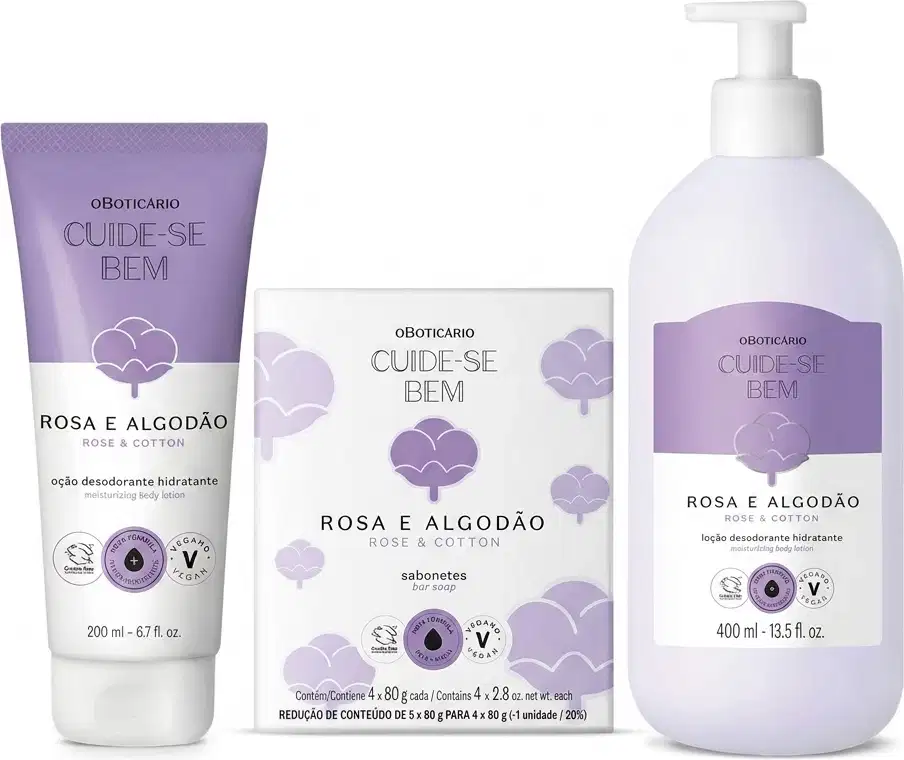 Conjunto de produtos de corpo e banho da marca Cuide-se Bem Rosa e Algodão, incluindo frasco de hidratante desodorante de 200ml com tampa abre e fecha e outro de 400ml com tampa pump,  e uma caixa de sabonetes, todos em tons de rosa e roxo.