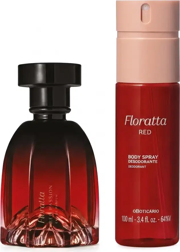 Dois frascos de item de perfumaria, sendo um frasco de vidro vermelho arredondado com tampa preta da linha Floratta Red Passion e outro frasco plástico com corpo vermelho e tampa borrifadora rosa da linha Floratta Red.