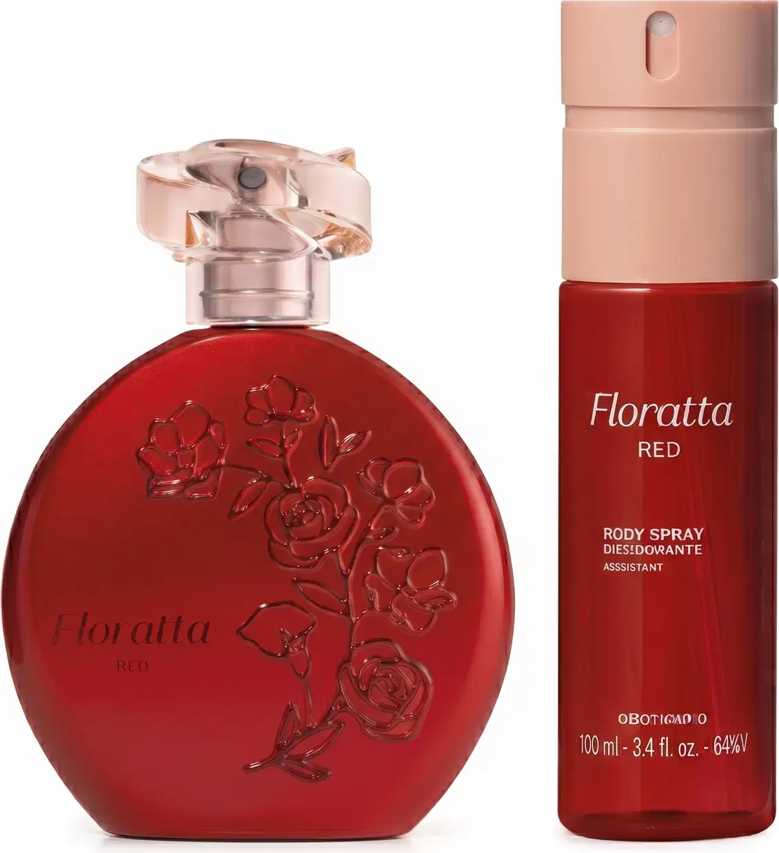 Dois frascos de item de perfumaria da marca Floratta Red, sendo um desodorante colônia com frasco redondo na cor vermelha, com flores em relevo e um tubo cilíndrico de body spray com corpo vermelho e tampa borrifadora rosa.