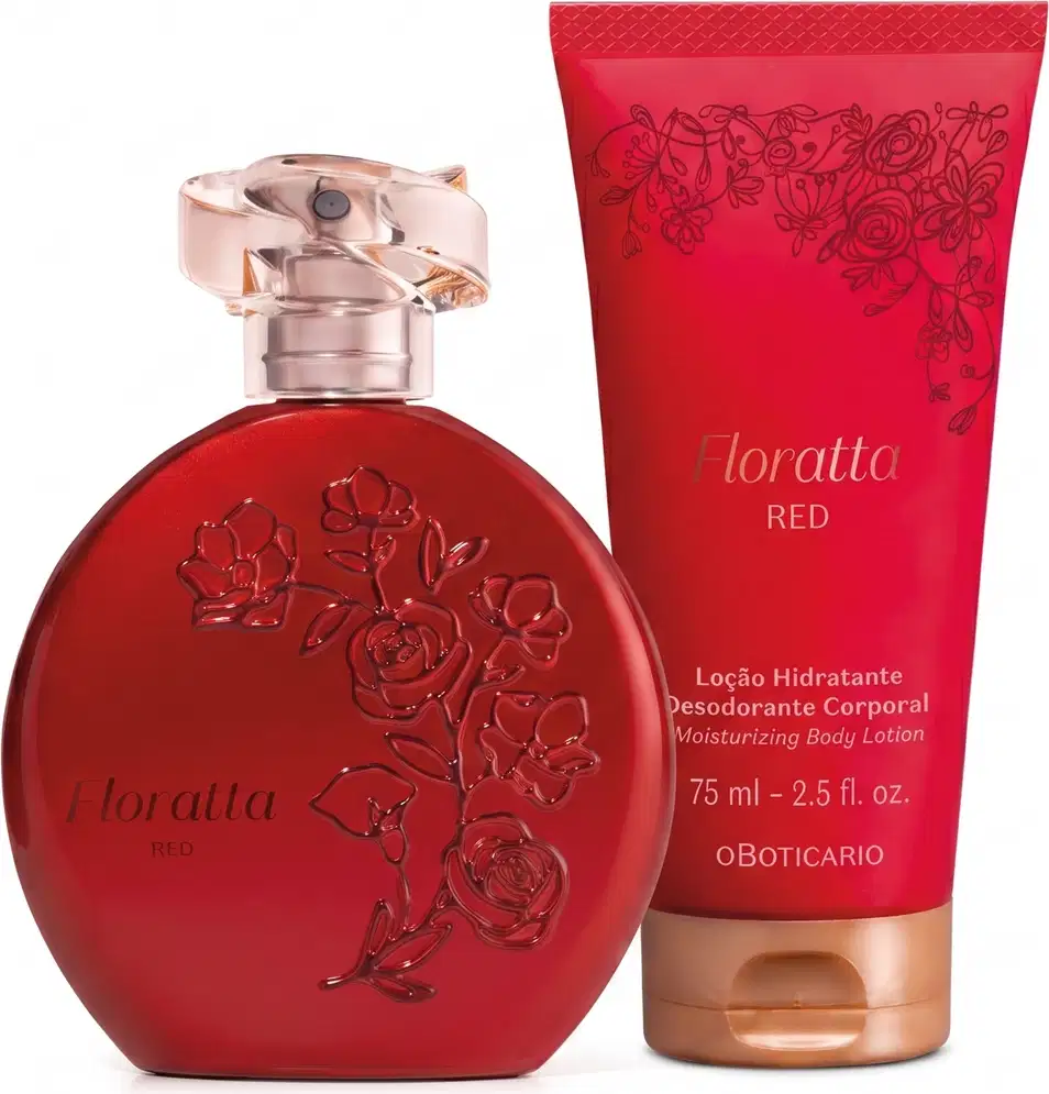 Conjunto de item de perfumaria Floratta Red, composto por frasco de desodorante colônia vermelho com flores em relevo e bisnaga de loção hidratante desodorante corporal vermelha com tampa dourada.