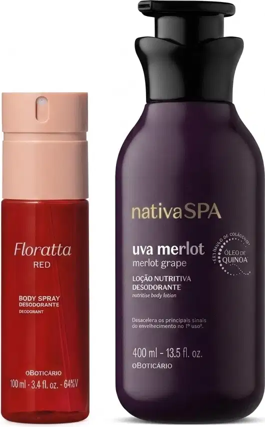 Dois frascos de produtos de corpo e banho sendo: um frasco de body spray vermelho, cilíndrico, com tampa borrifadora rosa da marca Floratta Red e um frasco de hidratante desodorante roxo escuro com tampa dosadora pump preta da marca Nativa Spa Uva Merlot.