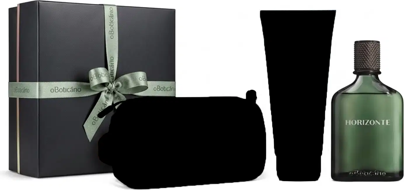 Caixa de presente cinza chumbo com laço verde em cruz. Ao lado, um frasco de item de perfumaria verde da linha Boticollection Horizonte e dois itens misteriosos, dos quais só se vê a silhueta preta.