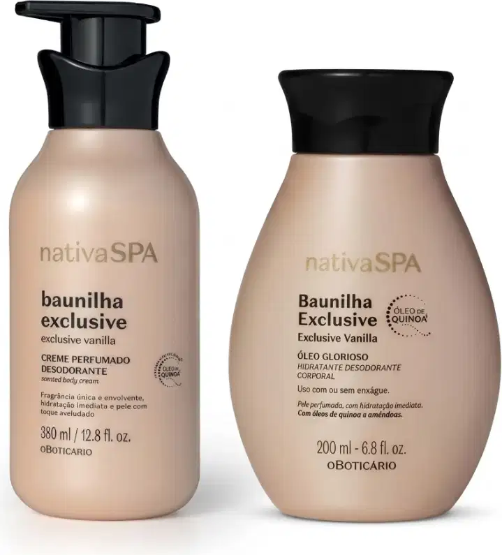 Dois itens de cuidados com a pele lado a lado, sendo: uma frasco rosa claro e tampa pump preta contendo creme hidratante e outro nas mesmas cores, mas com tampa abre-e-fecha, ambos da linha Nativa SPA Baunilha Exclusive.