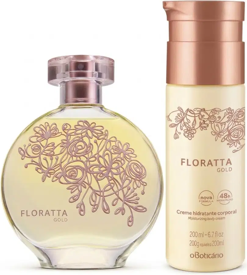 Dois itens de perfumaria lado a lado, sendo um frasco de Floratta Gold em embalagem de frasco de vidro rosa claro e flores em alto relevo e frasco de body spray rosa com tampa rosé.