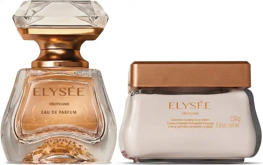 Dois produtos da marca Elysèe: um frasco de eau de parfum em formato de joia e tampa de cristal e base dourada, e um pote de vidro quadrado com creme corporal e tampa dourada.