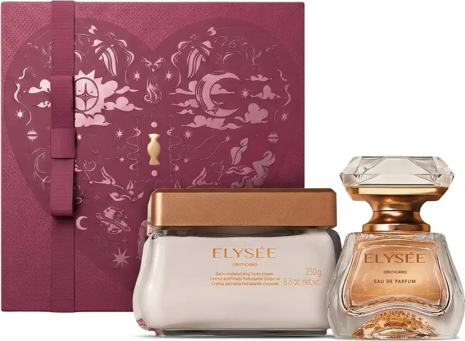 Caixa de presente de cor vinho com padrão de nuvens e lua. Dentro, um frasco de item de perfumaria dourado e um pote de creme corporal branco, ambos com rótulos em dourado.