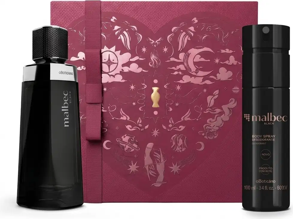 Conjunto de produtos Malbec, composto por um frasco de perfume preto e um frasco de desodorante preto, embalados em uma caixa de presente rosa com ilustrações decorativas.
