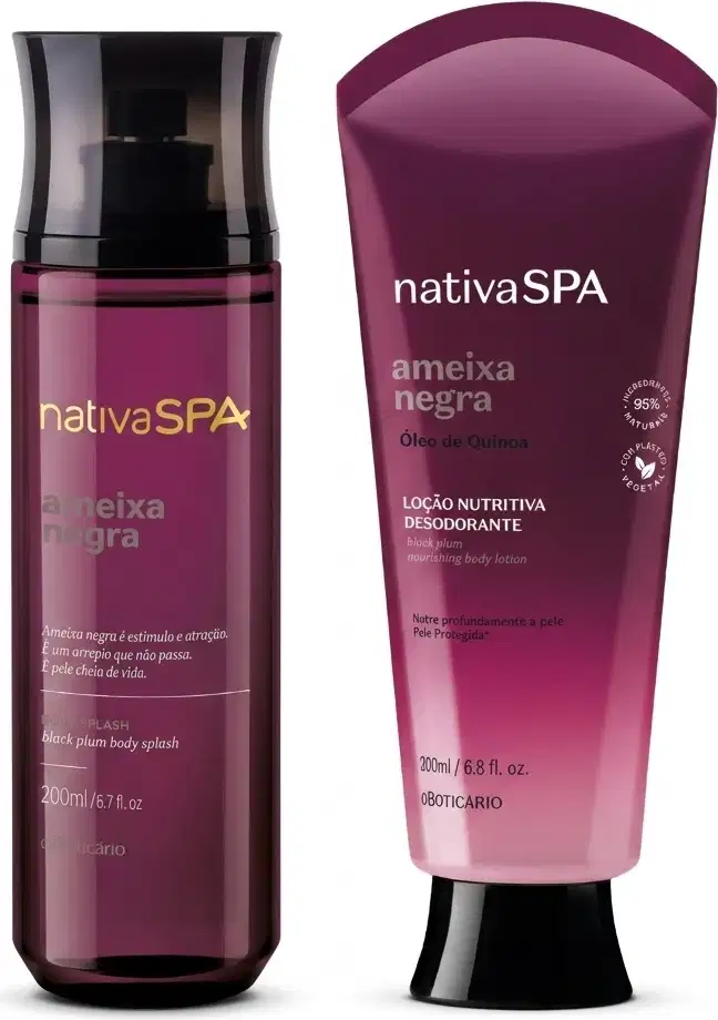 Dois itens de corpo e banho da marca Nativa SPA Ameixa Negra, sendo: um frasco de body spray roxo com tampa preta e uma bisnaga roxa com um leve degradê branco e tampa preta com textos em branco com informações sobre os produtos.