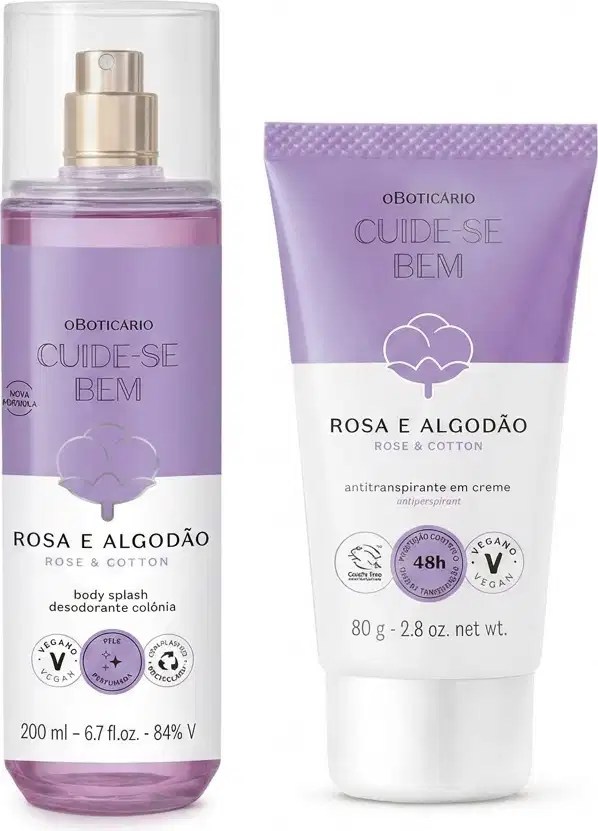 Dois produtos de corpo e banho da marca O Boticário, linha Cuide-se Bem Rosa e Algodão, sendo: um frasco de body splash com rótulo roxo e branco, e uma bisnaga de creme antitranspirante com rótulo roxo e branco.