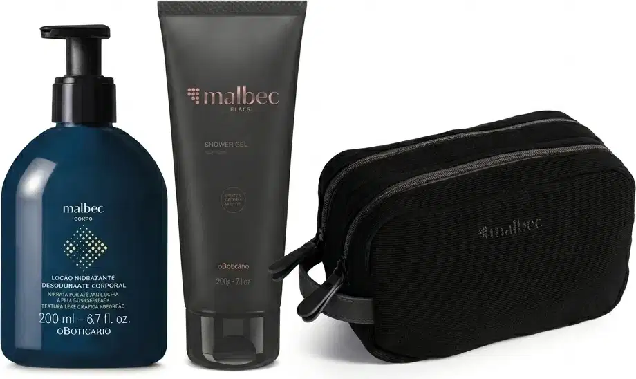 Conjunto de produtos de corpo e banho da marca Malbec, incluindo embalagem de loção hidratante corporal na cor azul com pump dosador, bisnaga de gel de banho cinza e necessaire preta.
