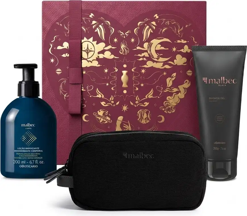 Conjunto presenteável edição Dia dos Namorados contendo produtos da marca Malbec, incluindo frasco de loção hidratante, shower gel de banho e nécessaire preta. A embalagem decorada com ilustrações douradas de elementos celestiais em fundo vinho.
