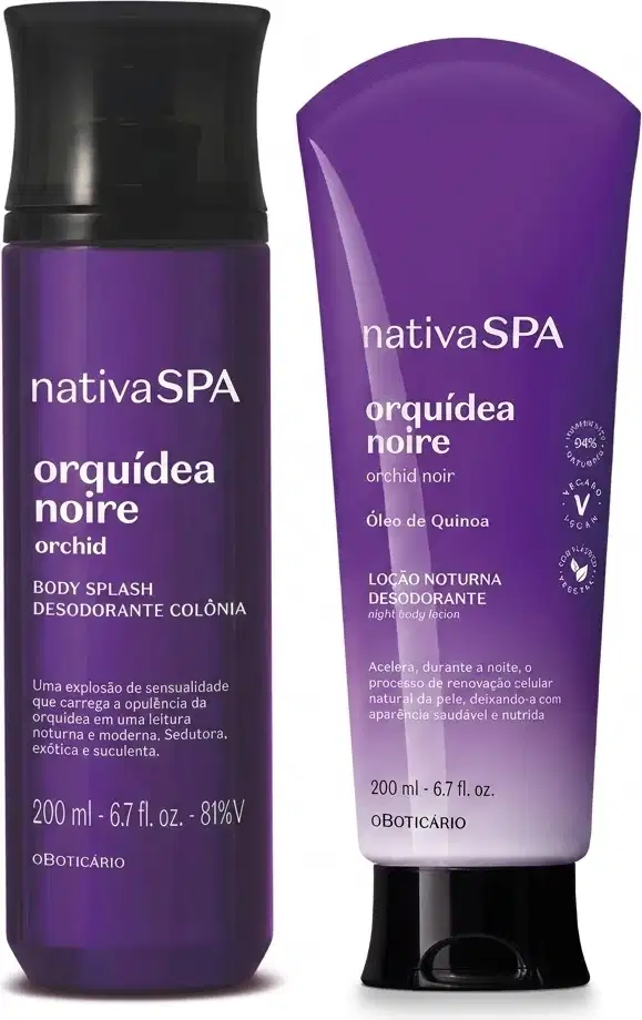 Dois itens de corpo e banho da marca Nativa SPA Orquídea Noire sendo um frasco de body splash roxo com tampa preta e uma bisnaga de hidratante desodorante em degrade de roxo para o branco e tampa preta.