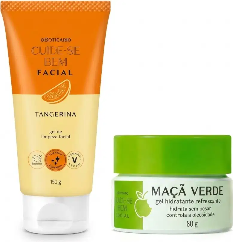 Bisnaga laranja com tampa branca  da linha Cuide-se bem Tangerina e um pote de hidratante branco com detalhes em verde e tampa verde com fragrância Maçã Verde.