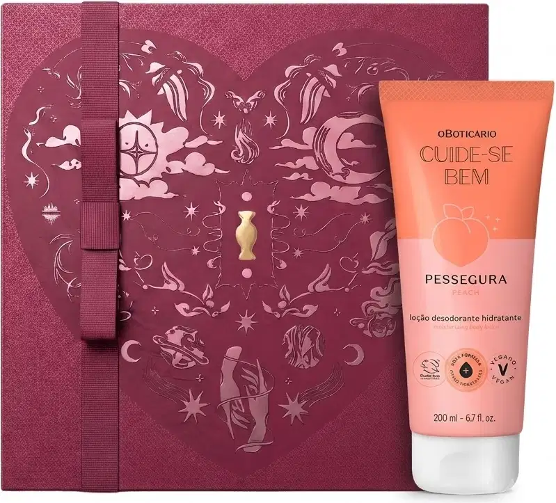 Caixa vermelha com ilustrações decorativas e frasco laranja contendo loção desodorante hidratante da linha Cuide-se Bem da marca Boticário, com rótulo indicando o produto "Pessegura".