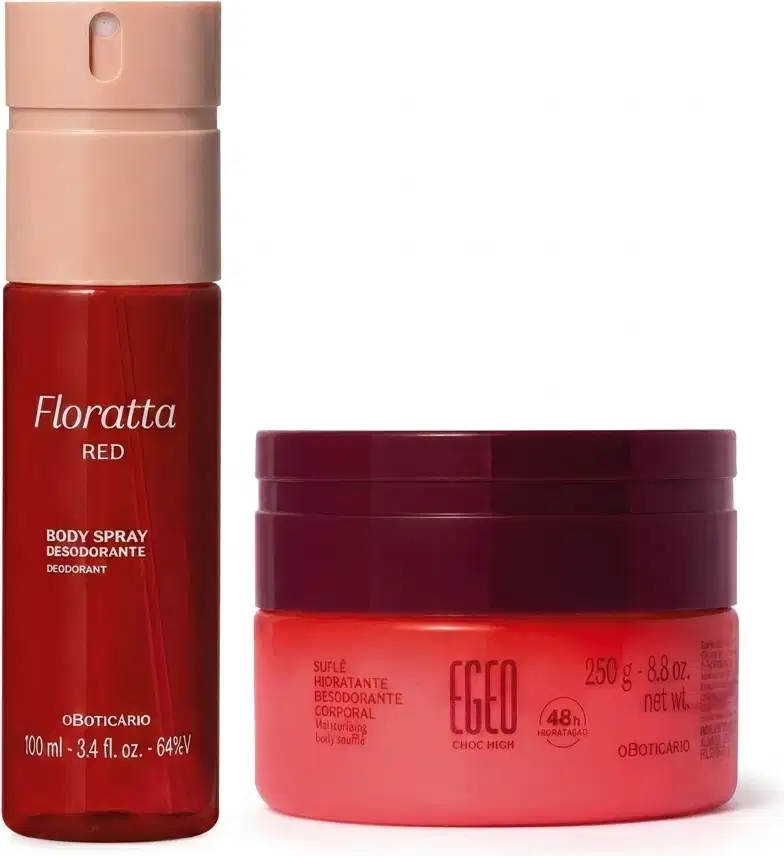 Dois itens de corpo e banho, sendo um Body Spray da marca Floratta Red e um pote com de creme hidratante corporal com tampa na cor vinho e base na cor rosa da linha Egeo Choc High.