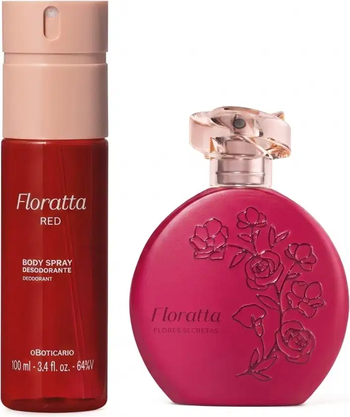 Dois itens de perfumaria da marca Floratta: um frasco de Body Spray na cor vermelho da linha Floratta Red e um frasco de Desodorante Colônia na cor rosa com flores em alto relevo e tampa cristal.